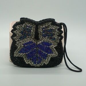 Beaded Pouch Black Blue Silver Small Coin Purse Great Condition